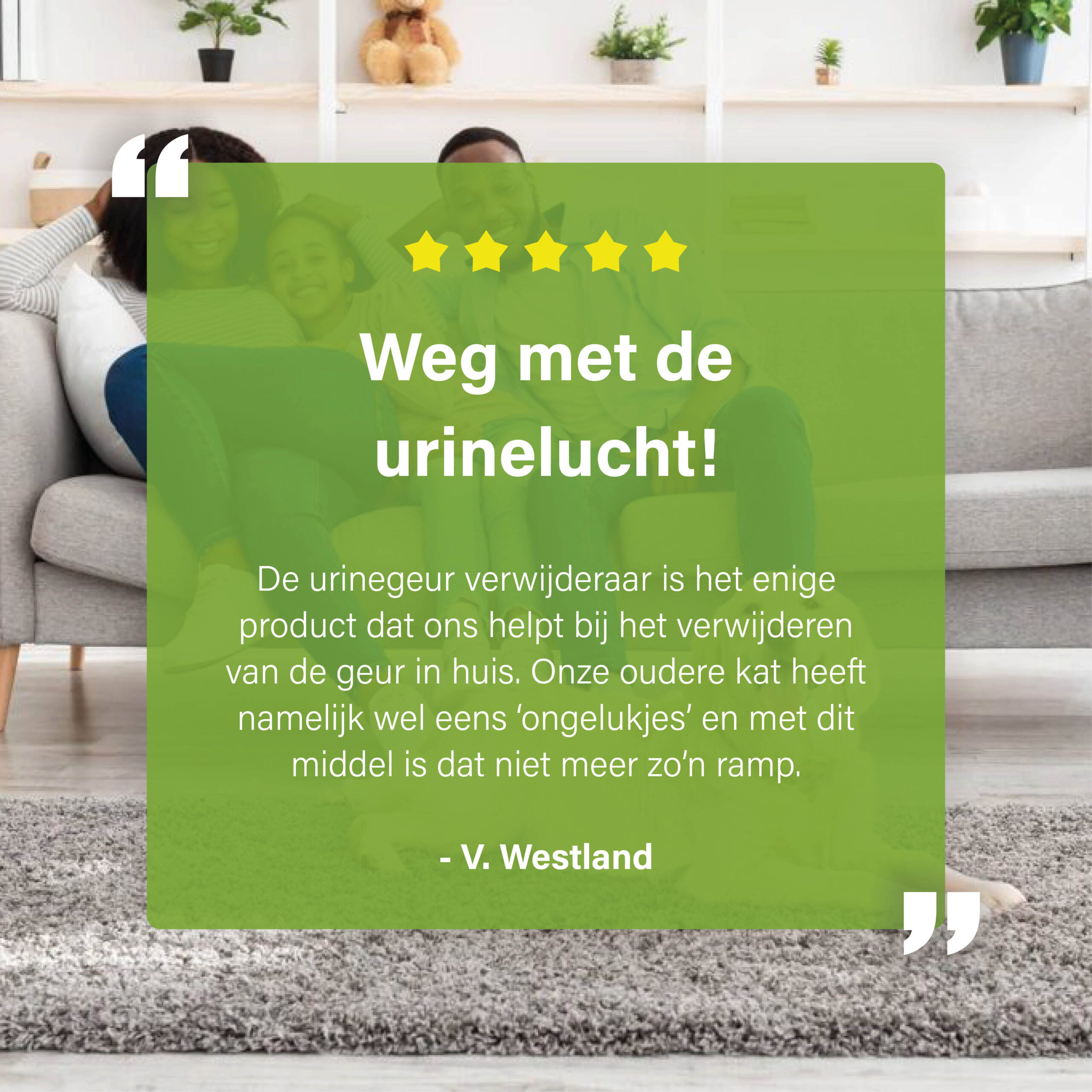 Afbeelding met een klantreview over het verwijderen van urinelucht, geplaatst over een foto van een gezin op een bank, met tekst en sterrenbeoordeling.