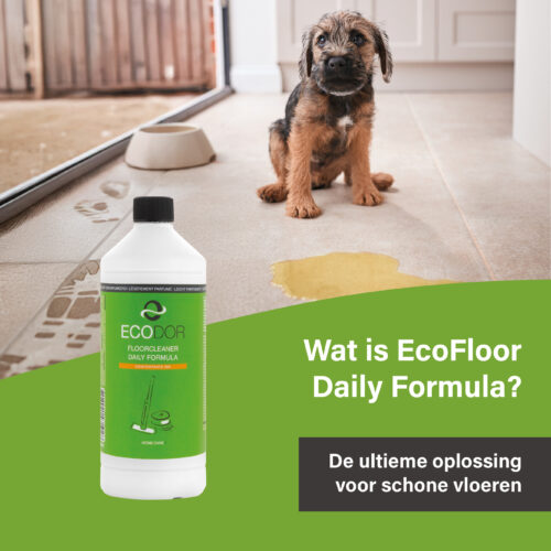 Puppy op een tegelvloer naast een plas urine met Ecodor EcoFloor Daily Formula vloerreiniger. Geschikt voor het reinigen van harde vloeren in huishoudens met huisdieren.