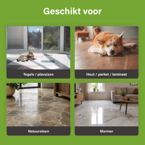 Overzicht van vloertypen waarvoor Ecodor EcoFloor Daily Formula geschikt is, waaronder tegels, plavuizen, hout, parket, laminaat, natuursteen en marmer.
